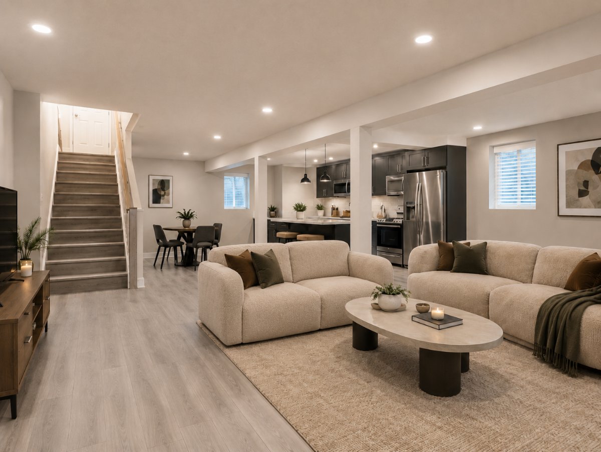 Finished basement family room and kitchenette in Boulder, Colorado