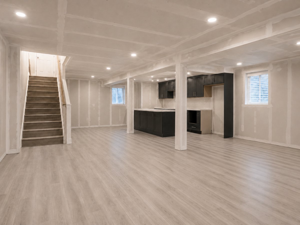 Basement mid-remodel with fresh drywall and cabinetry
