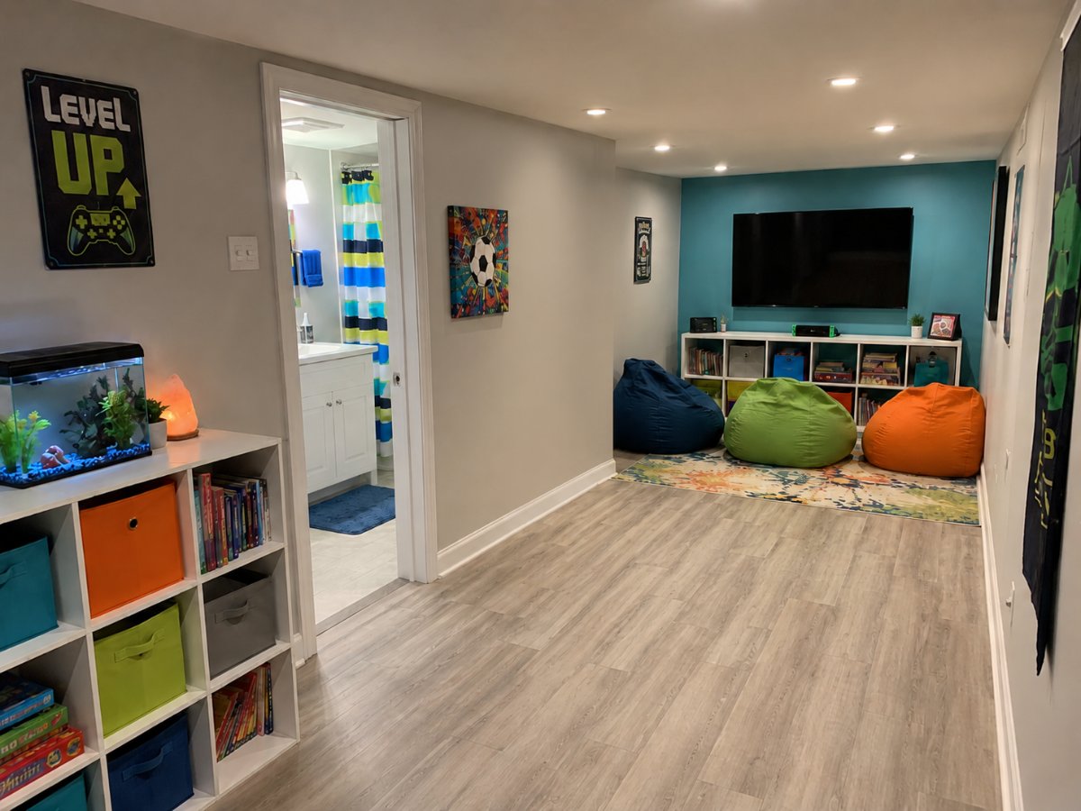 Finished kids playroom with adjoining bathroom